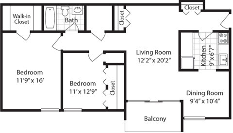 Floor plan for 2 beds, 1 bath, 1196 sqft